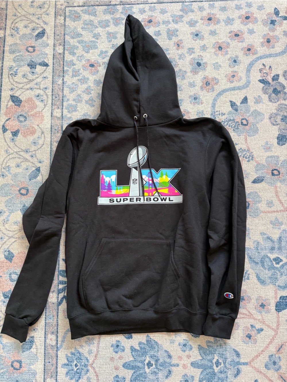 Super Bowl LIX black champion hoodie sweatshirt colorful decal new with tags M